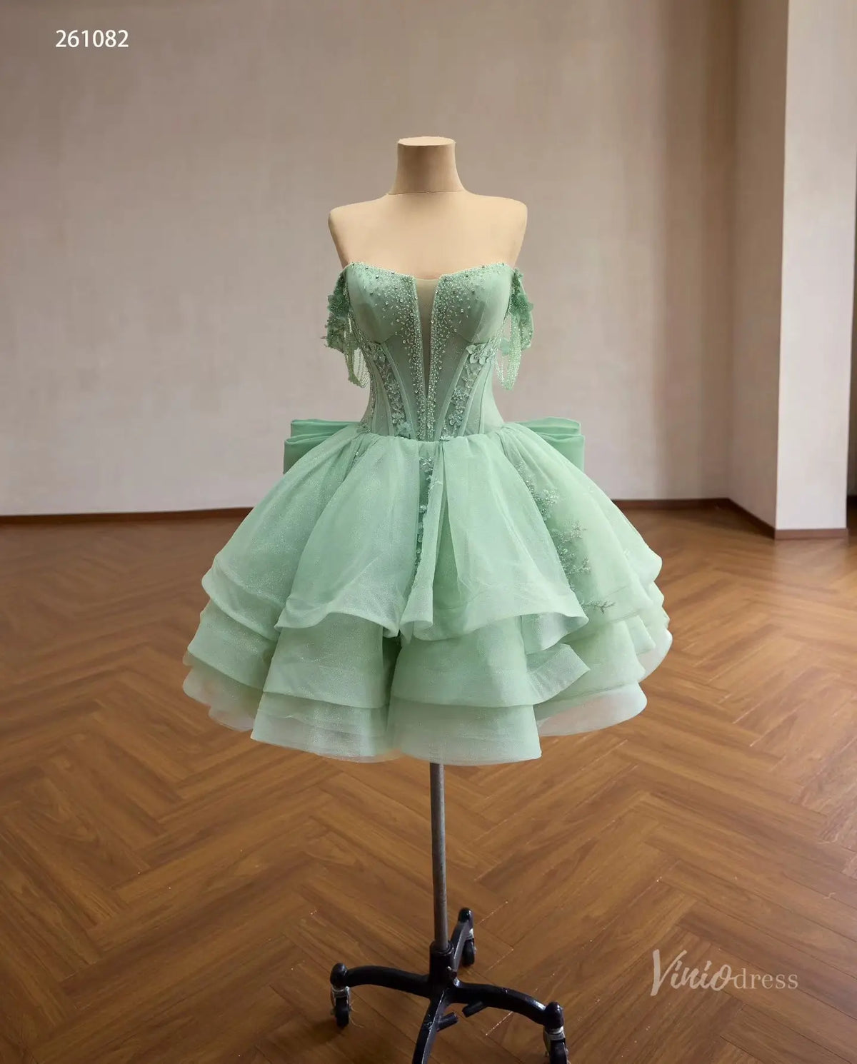 Mint Green Convertible Quinceañera Dress with Detachable Overskirt, Beaded Off-Shoulder Sleeves & Oversized Bow – 261082-Quinceanera Dresses 2026-Viniodress-Sage Green-Custom Size – Add Measurements in Cart-
