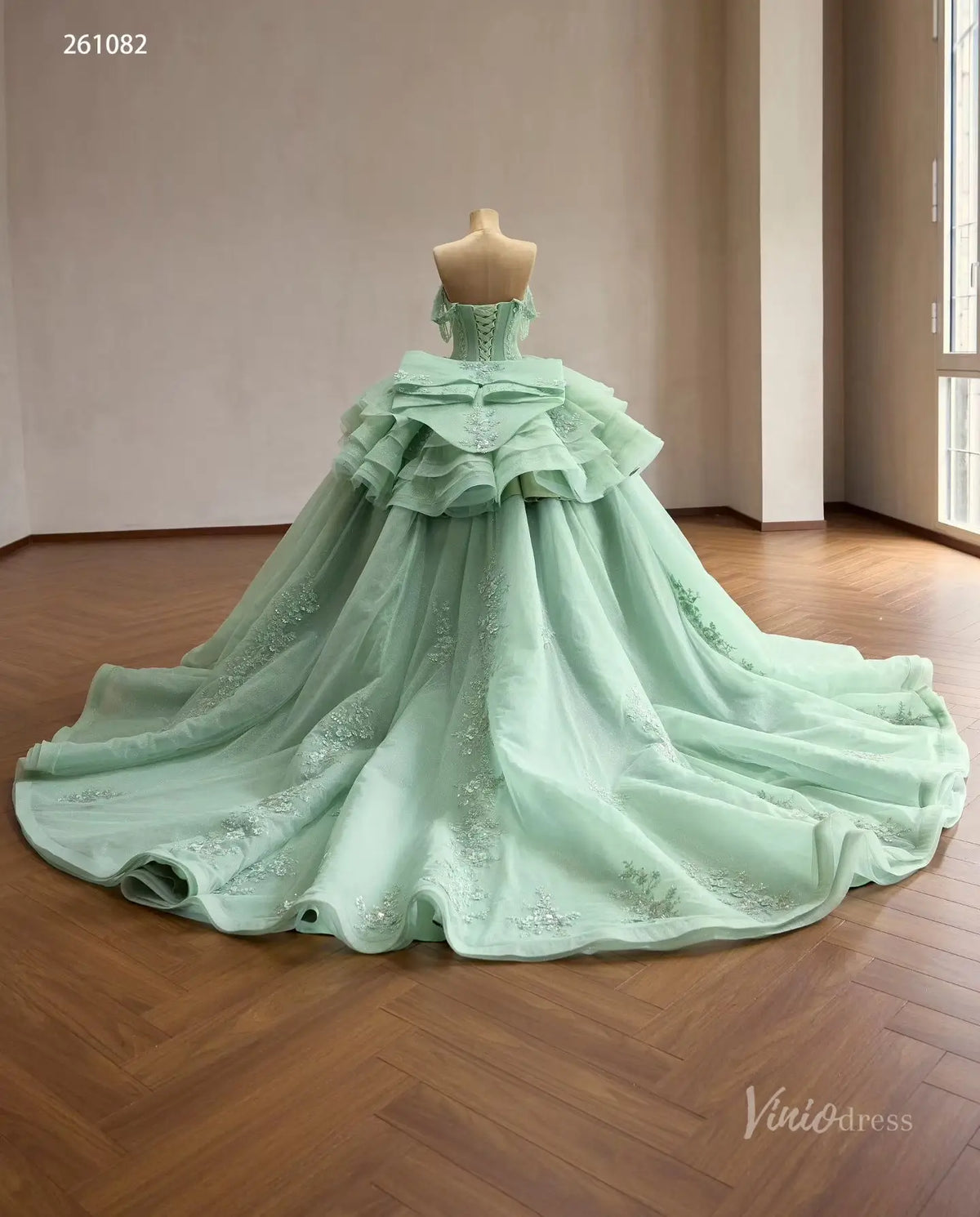 Mint Green Convertible Quinceañera Dress with Detachable Overskirt, Beaded Off-Shoulder Sleeves & Oversized Bow – 261082-Quinceanera Dresses 2026-Viniodress-Sage Green-Custom Size – Add Measurements in Cart-