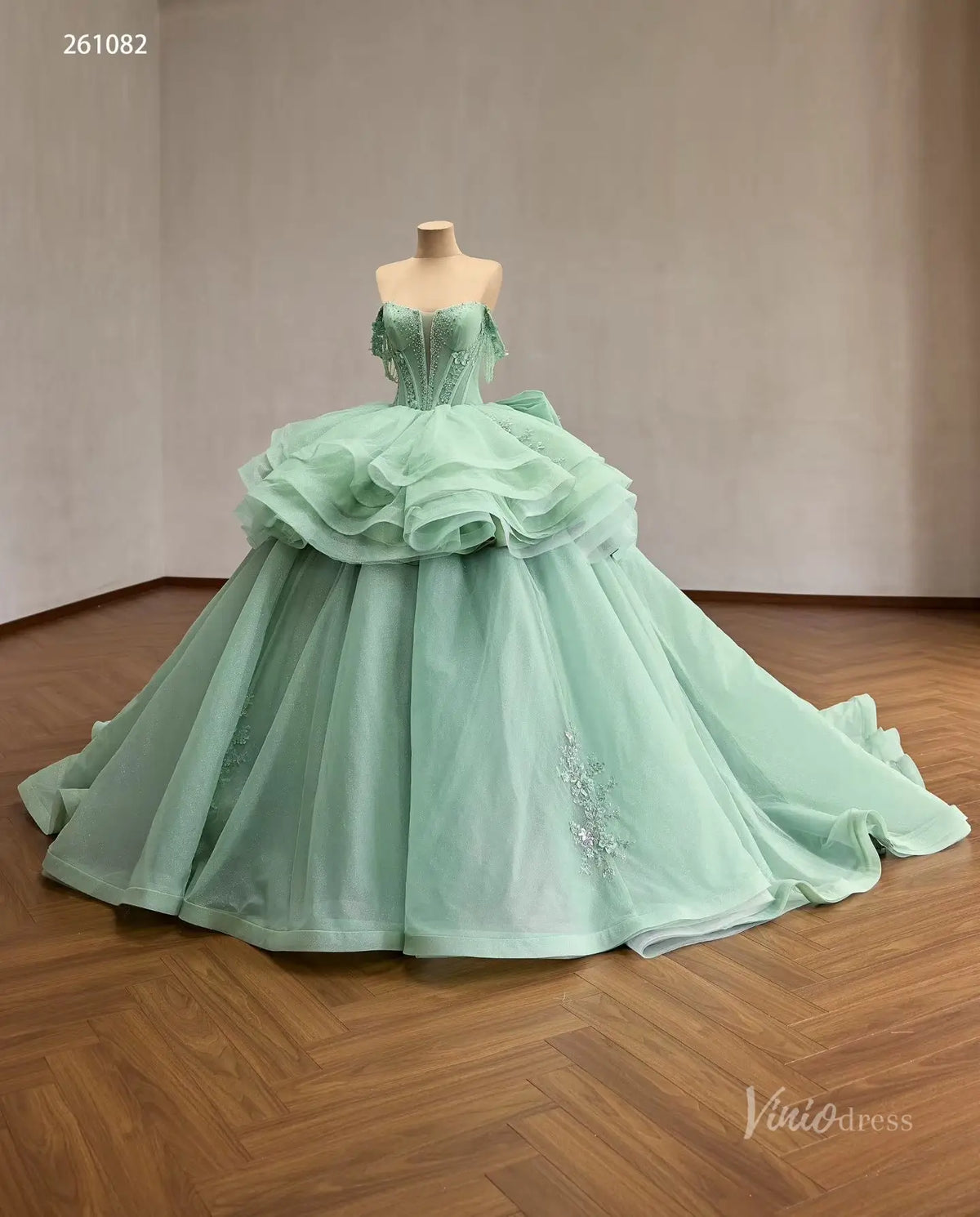Mint Green Convertible Quinceañera Dress with Detachable Overskirt, Beaded Off-Shoulder Sleeves & Oversized Bow – 261082-Quinceanera Dresses 2026-Viniodress-Sage Green-Custom Size – Add Measurements in Cart-