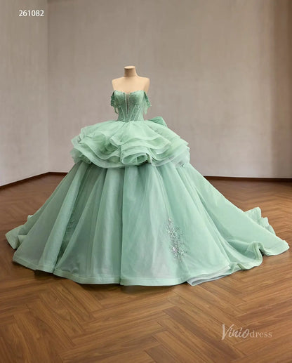 Mint Green Convertible Quinceañera Dress with Detachable Overskirt, Beaded Off-Shoulder Sleeves & Oversized Bow – 261082-Quinceanera Dresses 2026-Viniodress-Sage Green-Custom Size – Add Measurements in Cart-