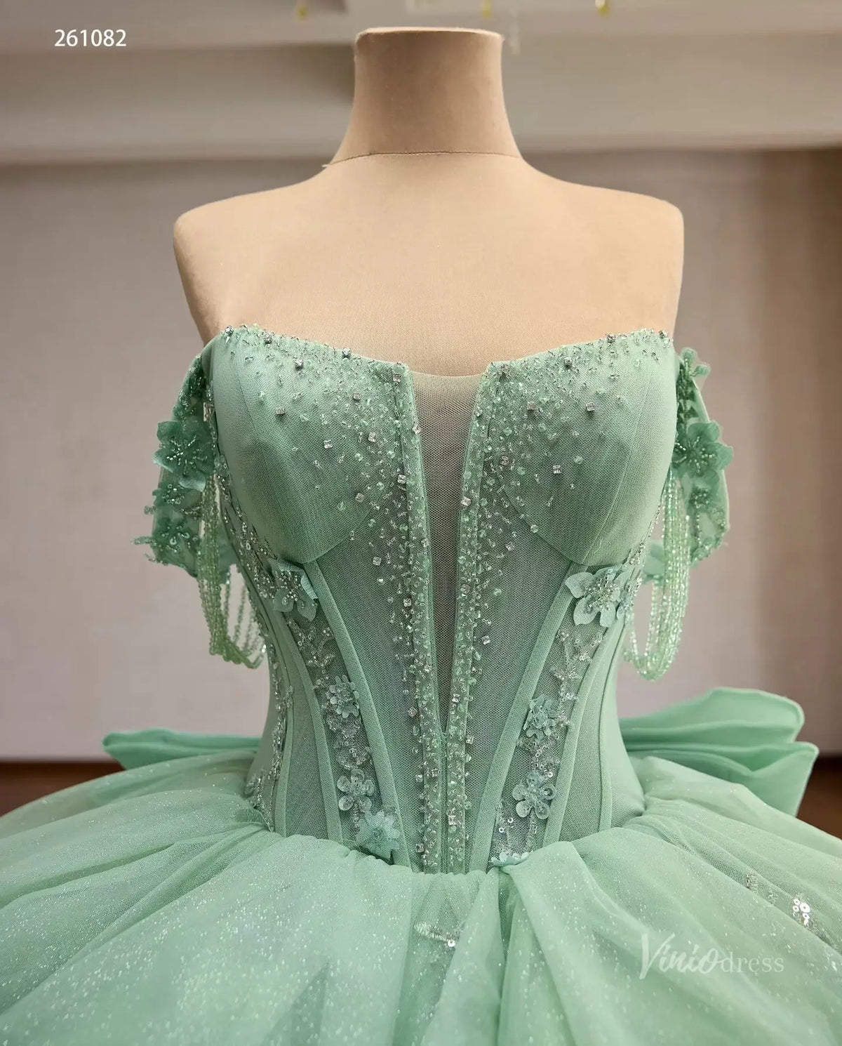 Mint Green Convertible Quinceañera Dress with Detachable Overskirt, Beaded Off-Shoulder Sleeves & Oversized Bow – 261082-Quinceanera Dresses 2026-Viniodress-Sage Green-Custom Size – Add Measurements in Cart-