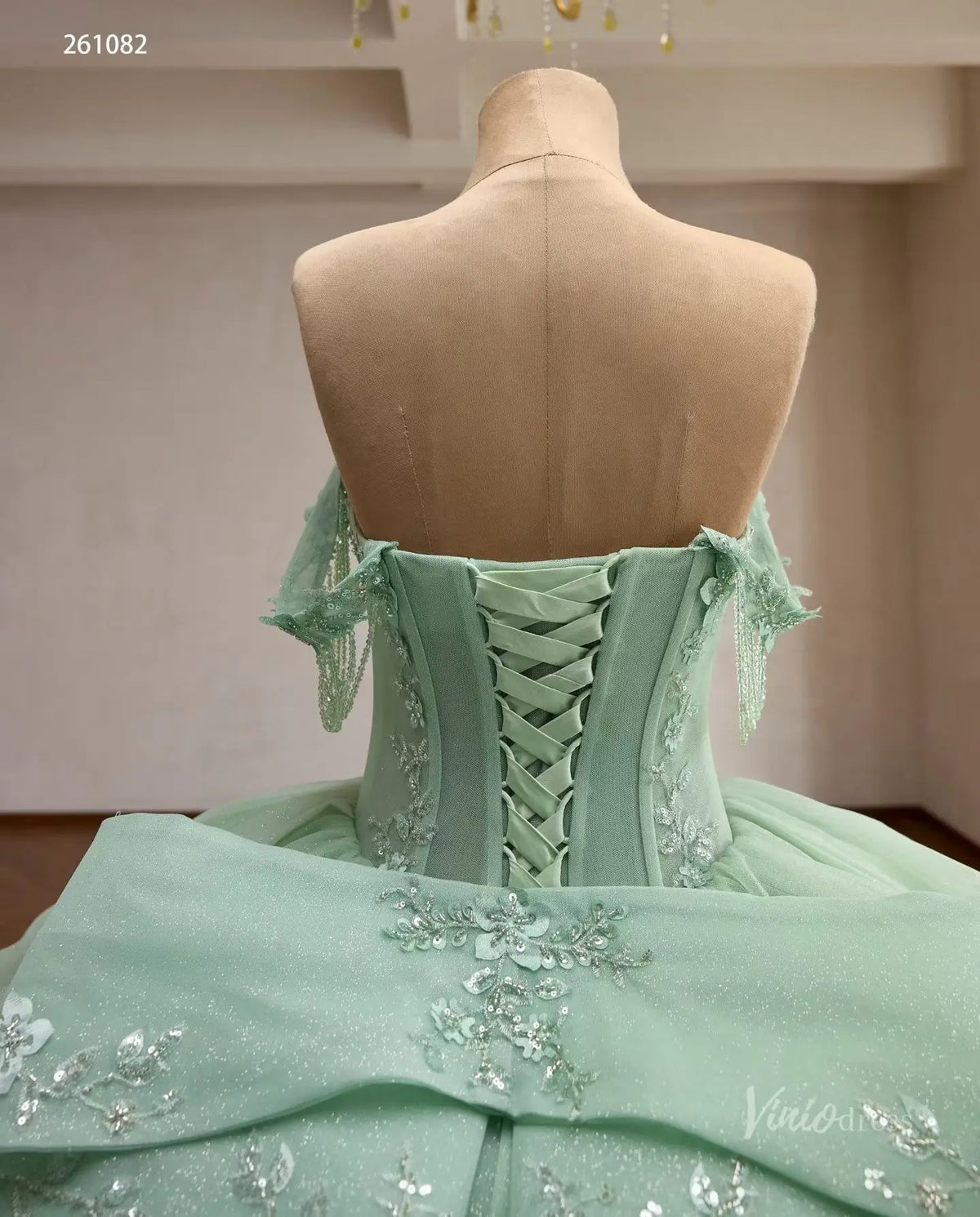 Mint Green Convertible Quinceañera Dress with Detachable Overskirt, Beaded Off-Shoulder Sleeves & Oversized Bow – 261082-Quinceanera Dresses 2026-Viniodress-Sage Green-Custom Size – Add Measurements in Cart-