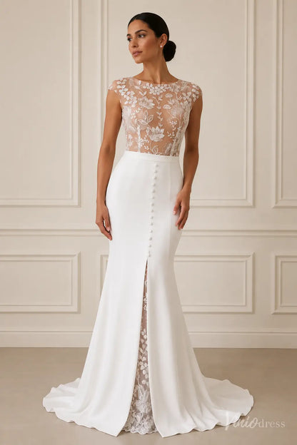 Modern white crepe mermaid wedding dress with illusion floral lace bodice, bateau neckline, and front lace-lined slit.
