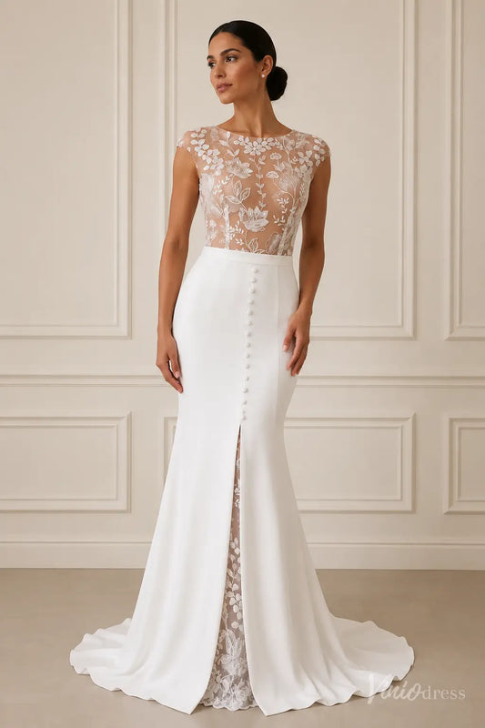 Modern white crepe mermaid wedding dress with illusion floral lace bodice, bateau neckline, and front lace-lined slit.