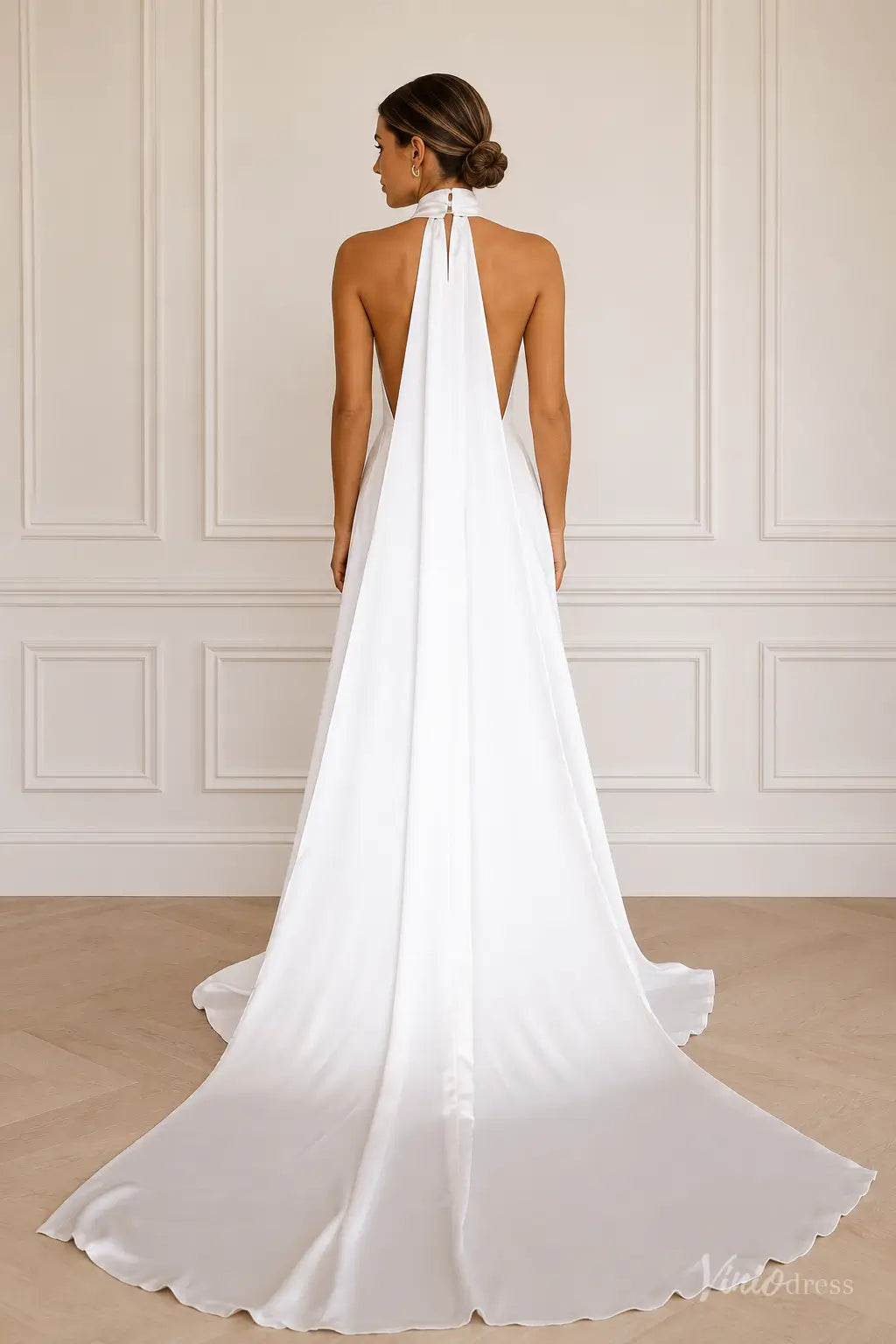 Modern Halter Satin Wedding Dress with Deep V-Neckline and Open Back – – Viniodress