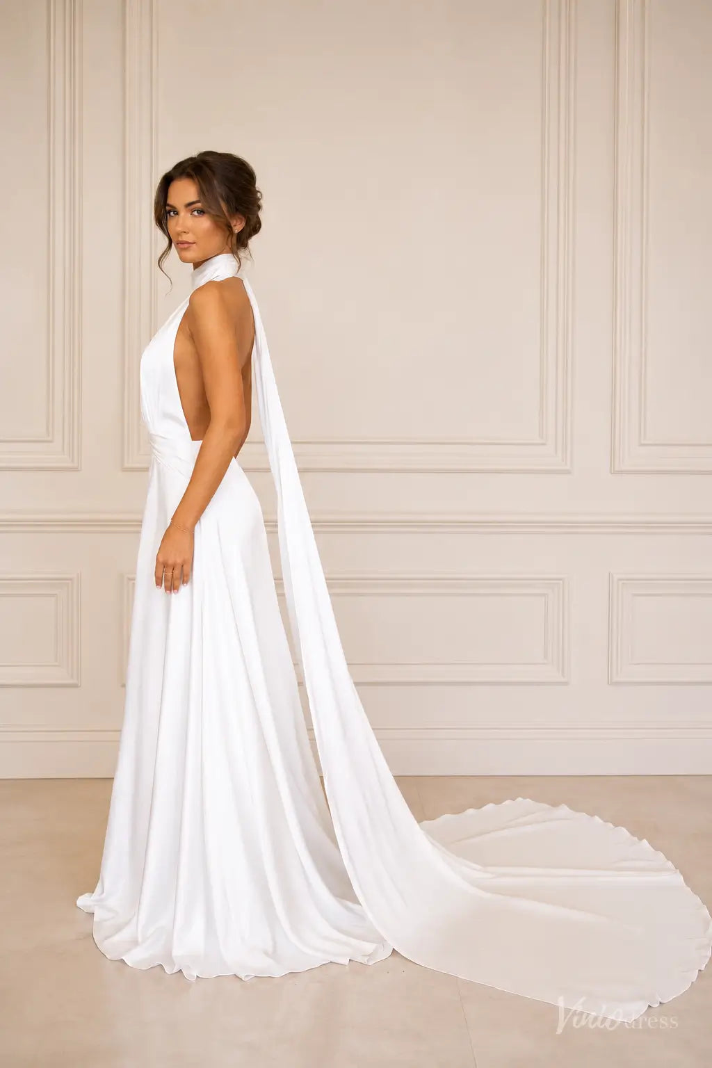Modern Halter Satin Wedding Dress with Deep V-Neckline and Open Back – – Viniodress