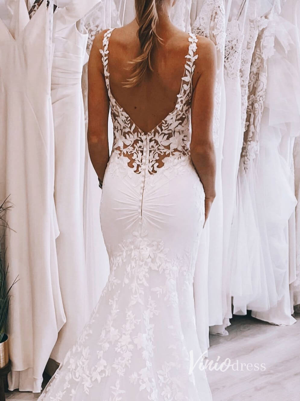 Modern Mermaid Wedding Dress | Backless Lace Gown with Asymmetrical Court Train VW2142-wedding dresses 2025 -Viniodress-Ivory-Custom Size-