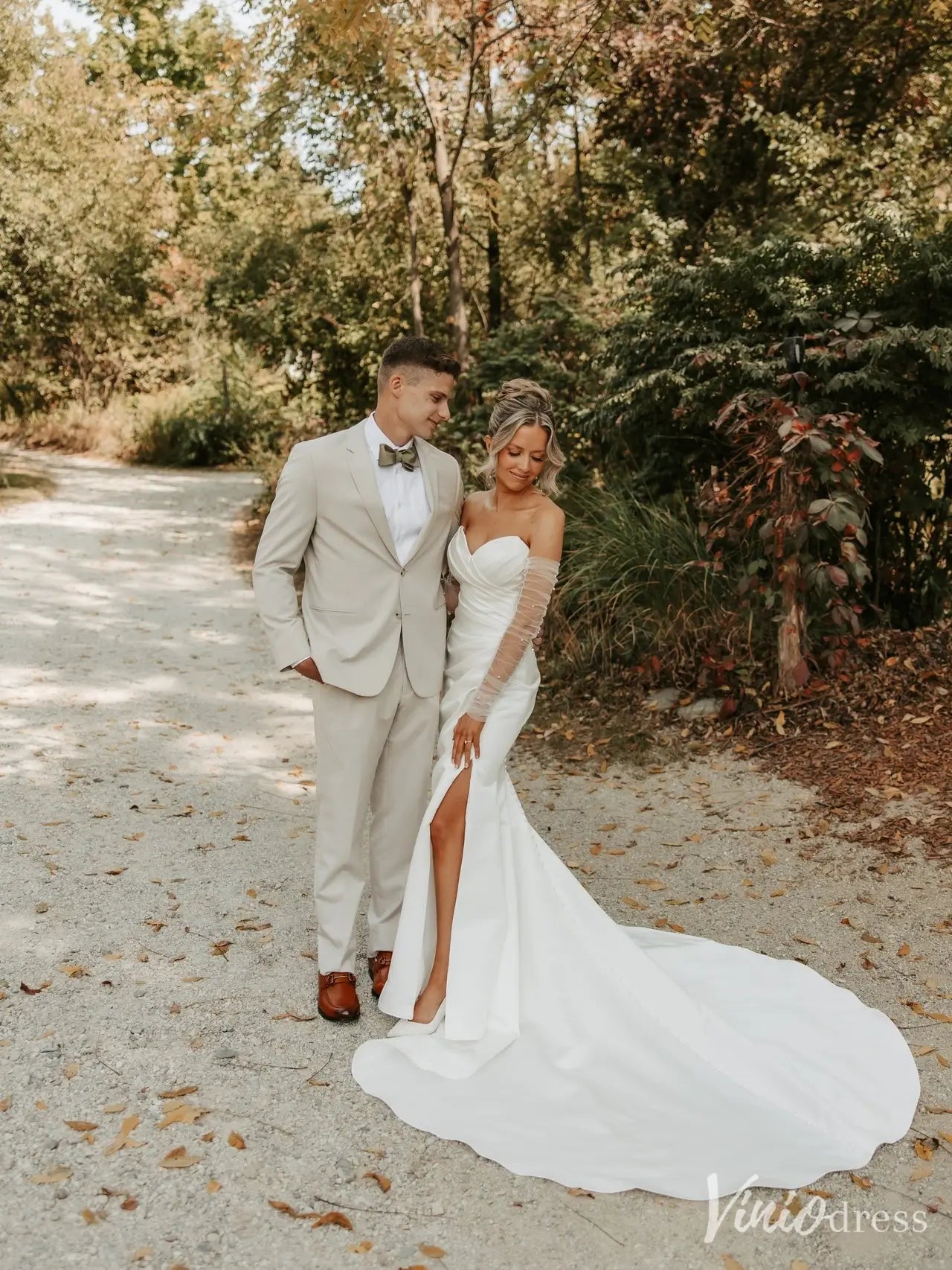 Modern Satin Mermaid Wedding Dress with Slit, Sweetheart Neckline, Sheer Pearl Sleeves – VW2606