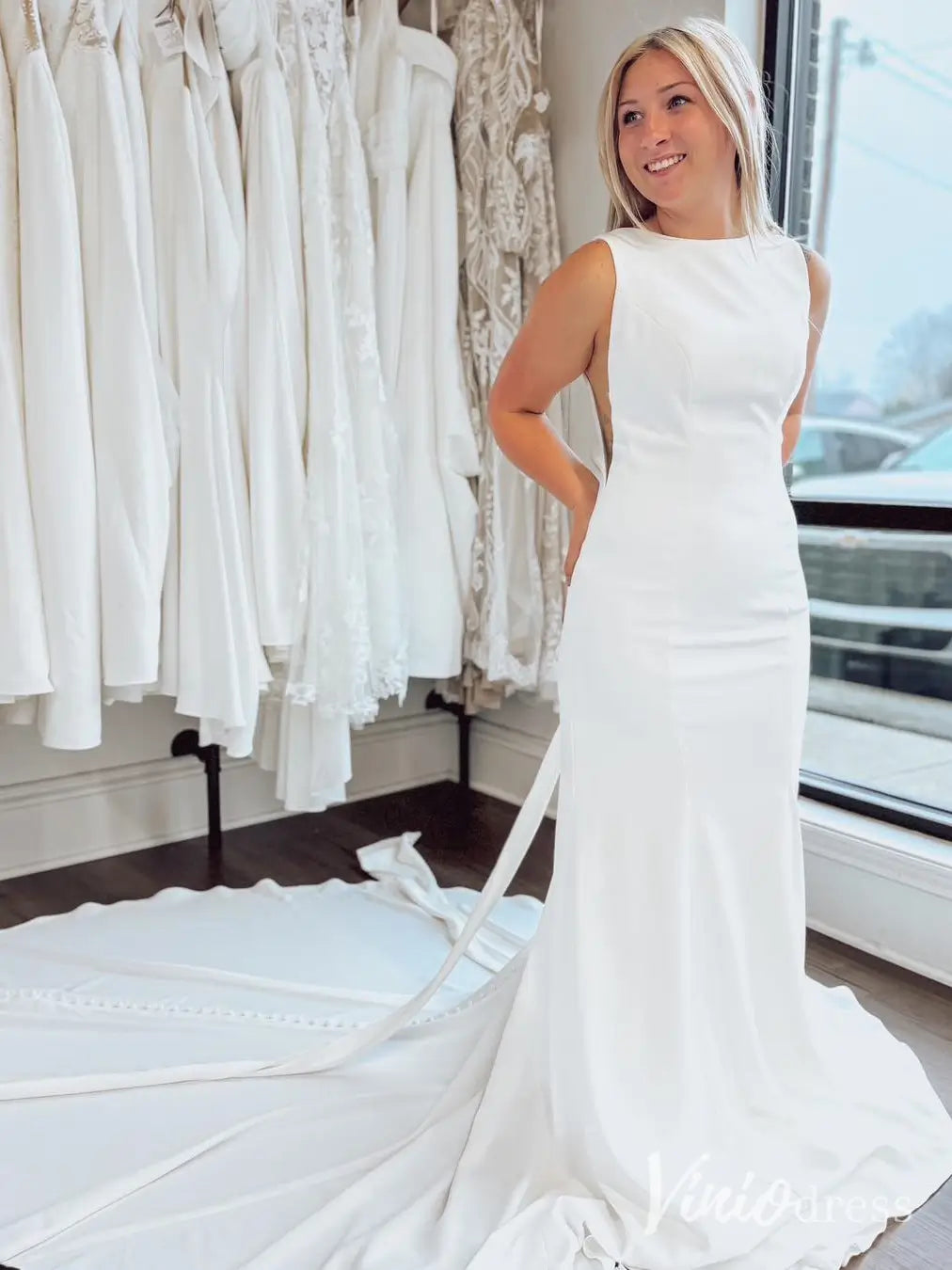 Modern Sheath Crepe Wedding Dress Bow Tie Open Back– MN117-wedding dresses 2025 -Viniodress-Ivory-Custom Size-