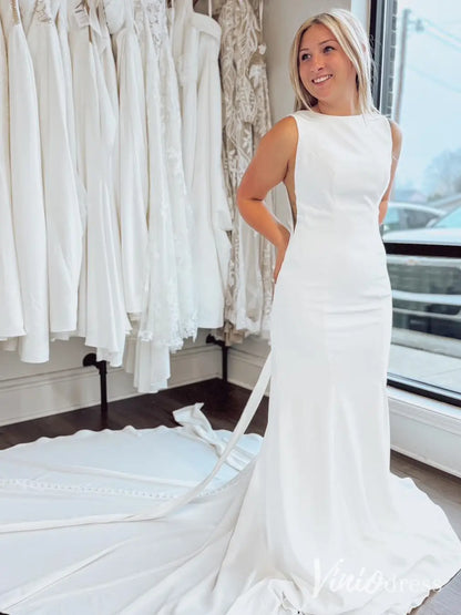 Modern Sheath Crepe Wedding Dress Bow Tie Open Back– MN117-wedding dresses 2025 -Viniodress-Ivory-Custom Size-
