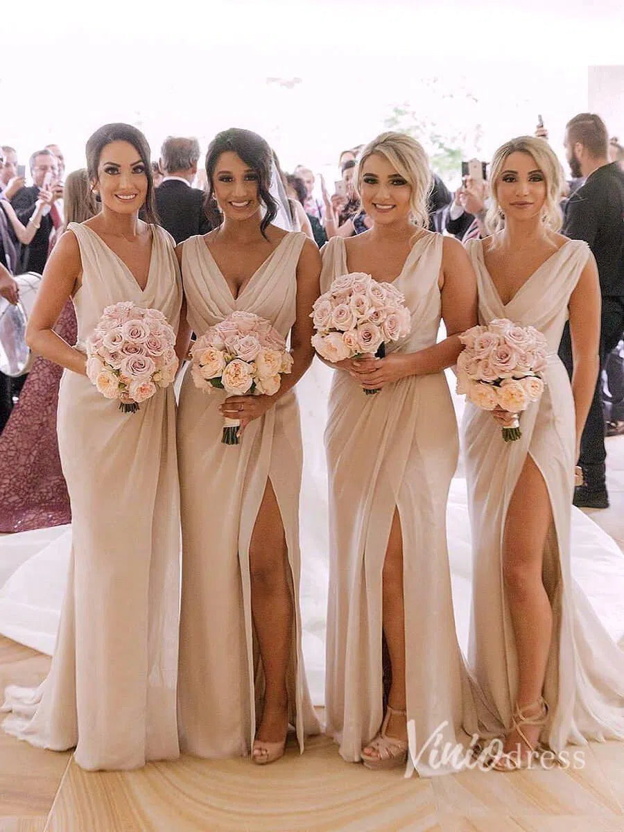 Modest Champagne Long Bridesmaid Dresses with Slit Viniodress VB1003