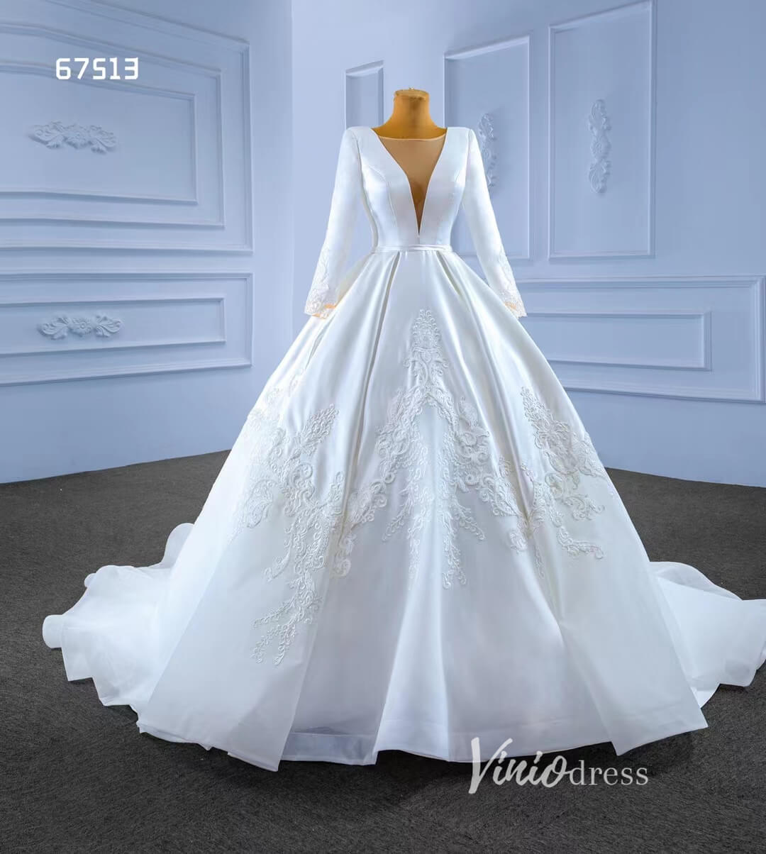Modest Dubai Satin Wedding Dress Beaded Long Sleeve Ball Gown 67513-wedding dresses 2025 -Viniodress-Ivory-Custom Size-