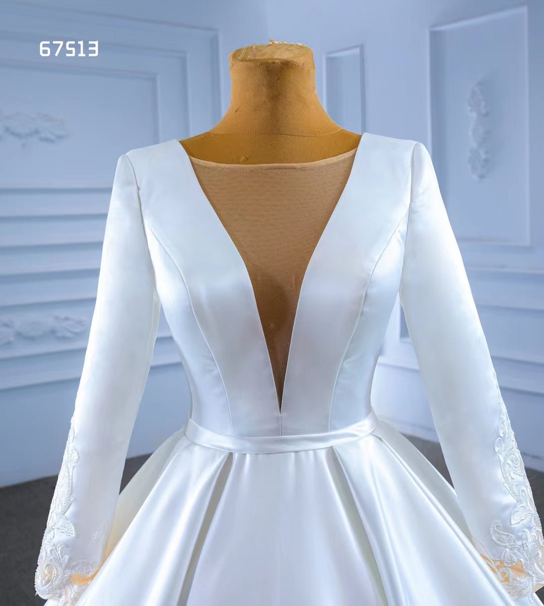 Modest Dubai Satin Wedding Dress Beaded Long Sleeve Ball Gown 67513-wedding dresses 2025 -Viniodress-Ivory-Custom Size-