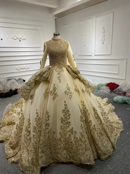 Modest Gold Lace Muslim Wedding Dress