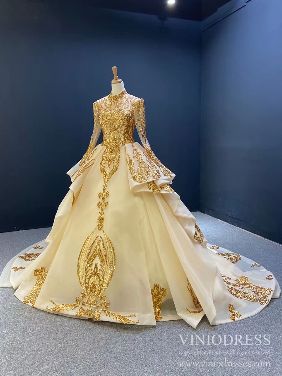 Modest Gold Long Sleeve Gown Wedding Dresses 67024 High Neck-Quinceanera Dresses 2025 -Viniodress-Gold-Custom Size-