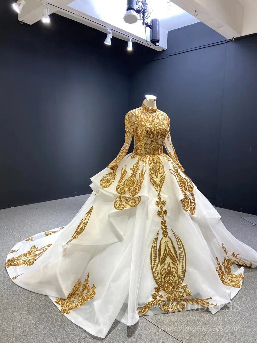 Modest Gold Long Sleeve Gown Wedding Dresses 67024 High Neck-Quinceanera Dresses 2025 -Viniodress-Ivory-Custom Size-