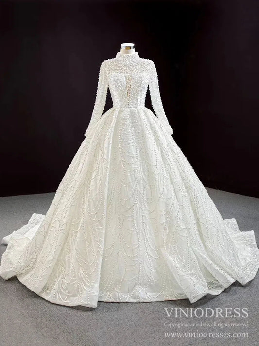 Modest High Neck Long Sleeve Pearl Wedding Dresses Open Back VW1757-wedding dresses 2025 -Viniodress-Ivory-Custom Size-