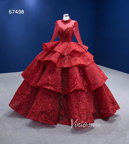Modest High Neck Red Wedding Dress Long Sleeve Layered Ball Gown 67498-Quinceanera Dresses 2025 -Viniodress-Red-Custom Size-