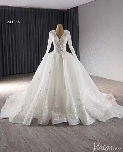 Modest Lace Long Sleeve Balll Gown Wedding Dresses V-neck Corset Back – Viniodress