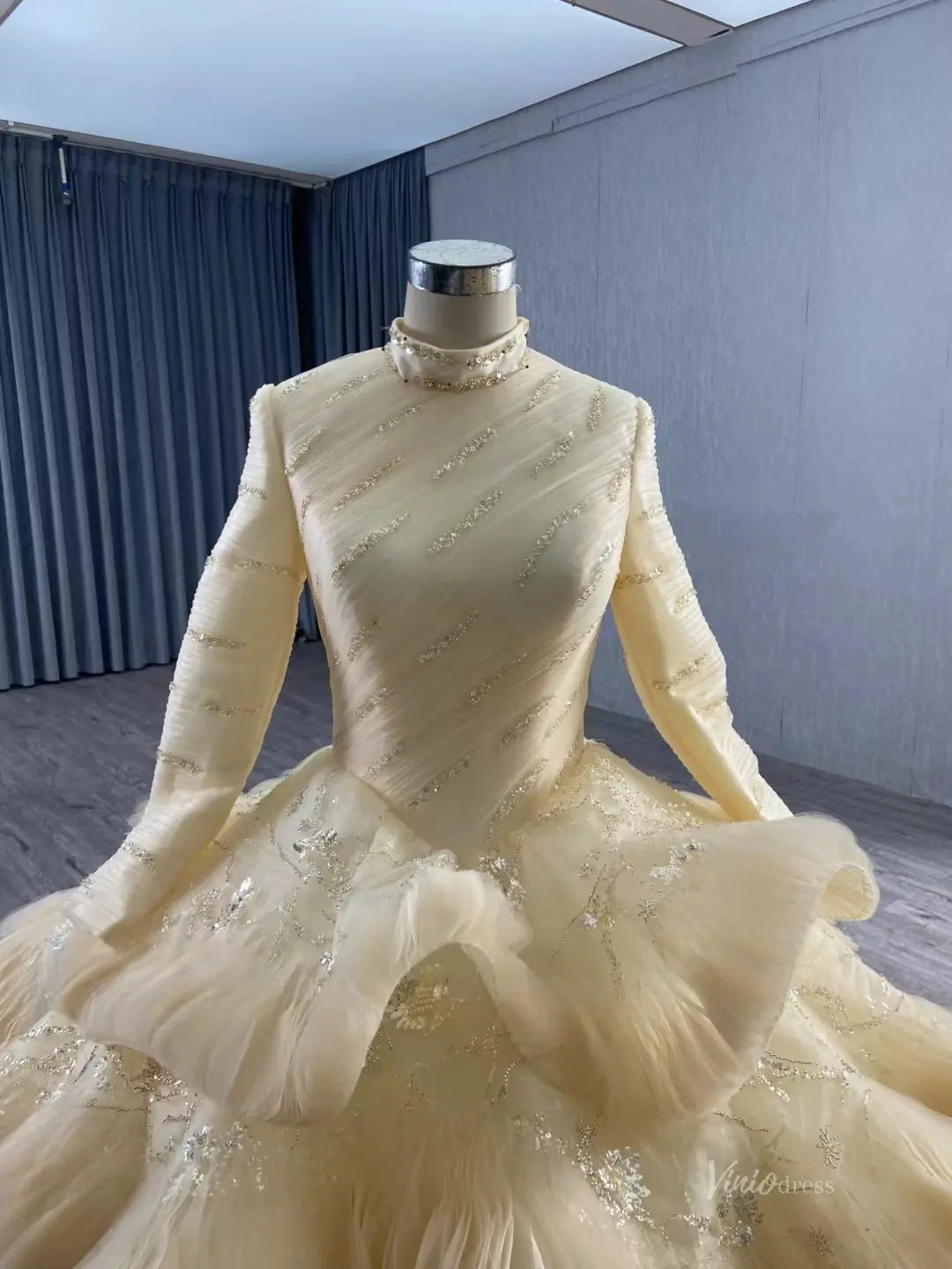 Modest Layered Muslim Wedding Dress High Neck Long Sleeve Ball Gown with Sparkly Appliques 251051-wedding dresses 2026-Viniodress-Ivory-Custom Size-