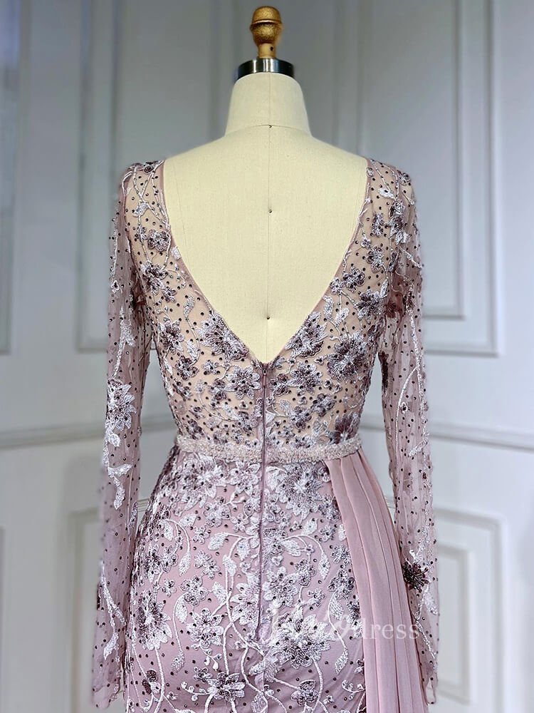 Modest Long Sleeve Evening Dresses Beaded Lace Prom Dress with Chiffon Train 20031-Evening Dresses 2025 -Viniodress-Pink-US 2-