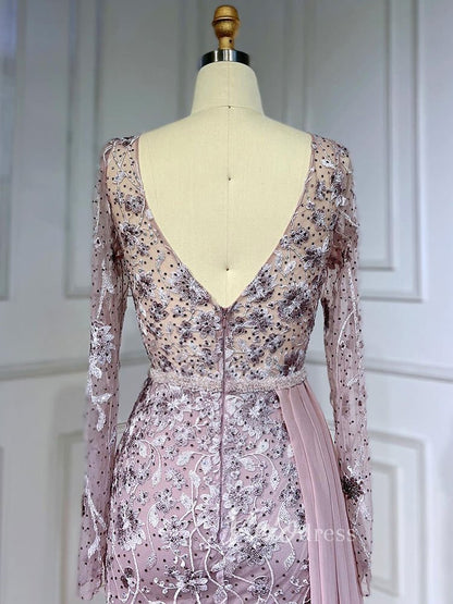 Modest Long Sleeve Evening Dresses Beaded Lace Prom Dress with Chiffon Train 20031-Evening Dresses 2025 -Viniodress-Pink-US 2-
