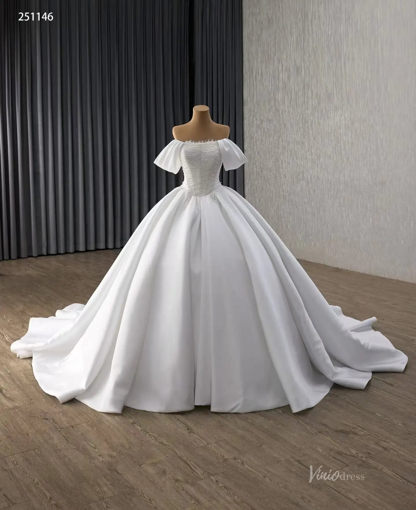 Modest Off-the-Shoulder Satin Wedding Dress| Pearl Bodice Ball Gown wi – Viniodress