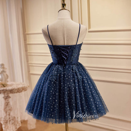 Navy Blue Dotted Tulle Homecoming Dresses Spaghetti Strap Short Prom D – Viniodress
