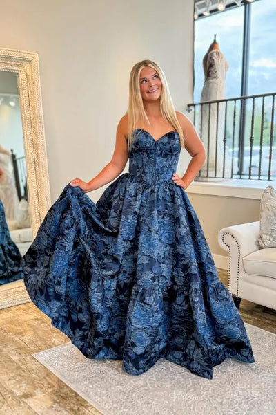 Navy Blue Jacquard Prom Dresses Strapless Sweetheart Ball Gown JC006 – Viniodress