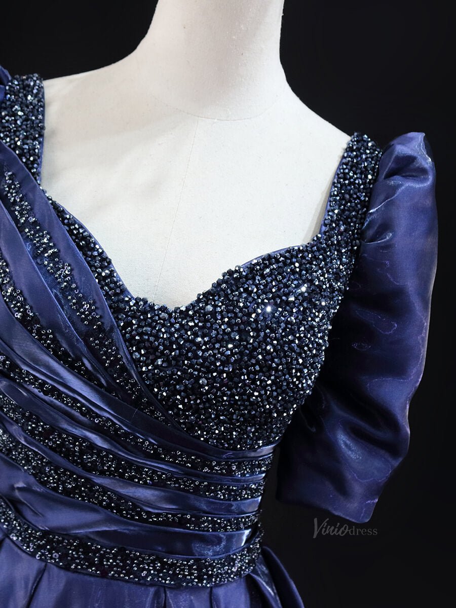 Navy Blue Satin Prom Dresses with Puffed Sleeve, Beaded Bodice, Formal Dresses SU018-prom dresses 2025 -Viniodress-Navy Blue-Custom Size-