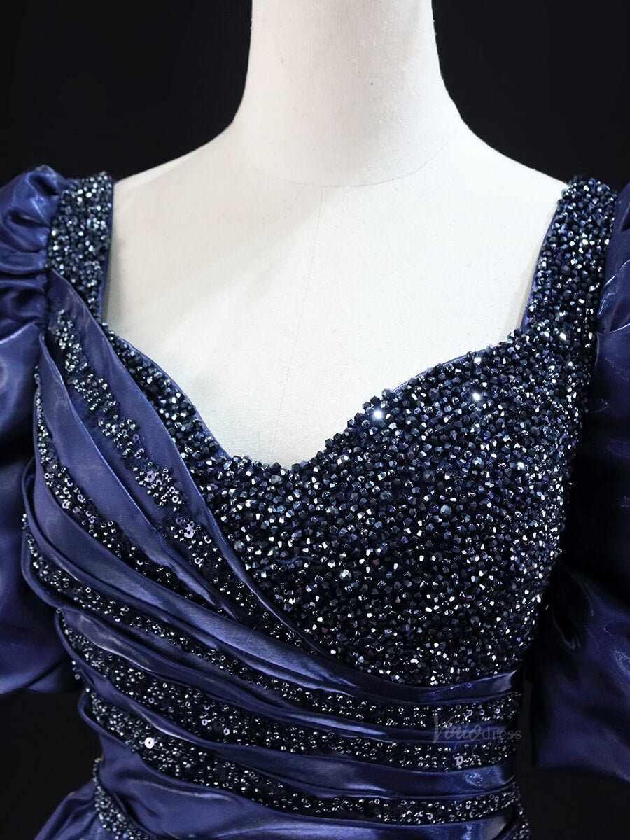 Navy Blue Satin Prom Dresses with Puffed Sleeve, Beaded Bodice, Formal Dresses SU018-prom dresses 2025 -Viniodress-Navy Blue-Custom Size-
