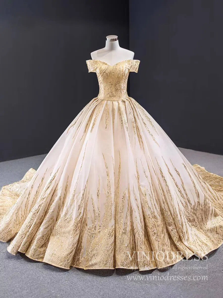 New Off the Shoulder Gold Wedding Dresses Luxury Debut Dress 67013 viniodress-wedding dresses 2025 -Viniodress-Gold-Custom Size-