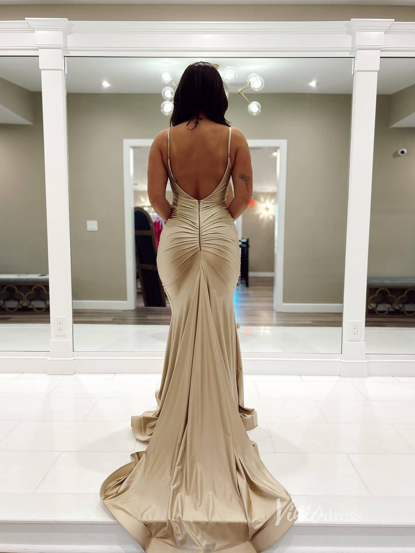 Nude Satin Mermaid Prom Dresses Spaghetti Strap Evening Dress FD3677 – Viniodress