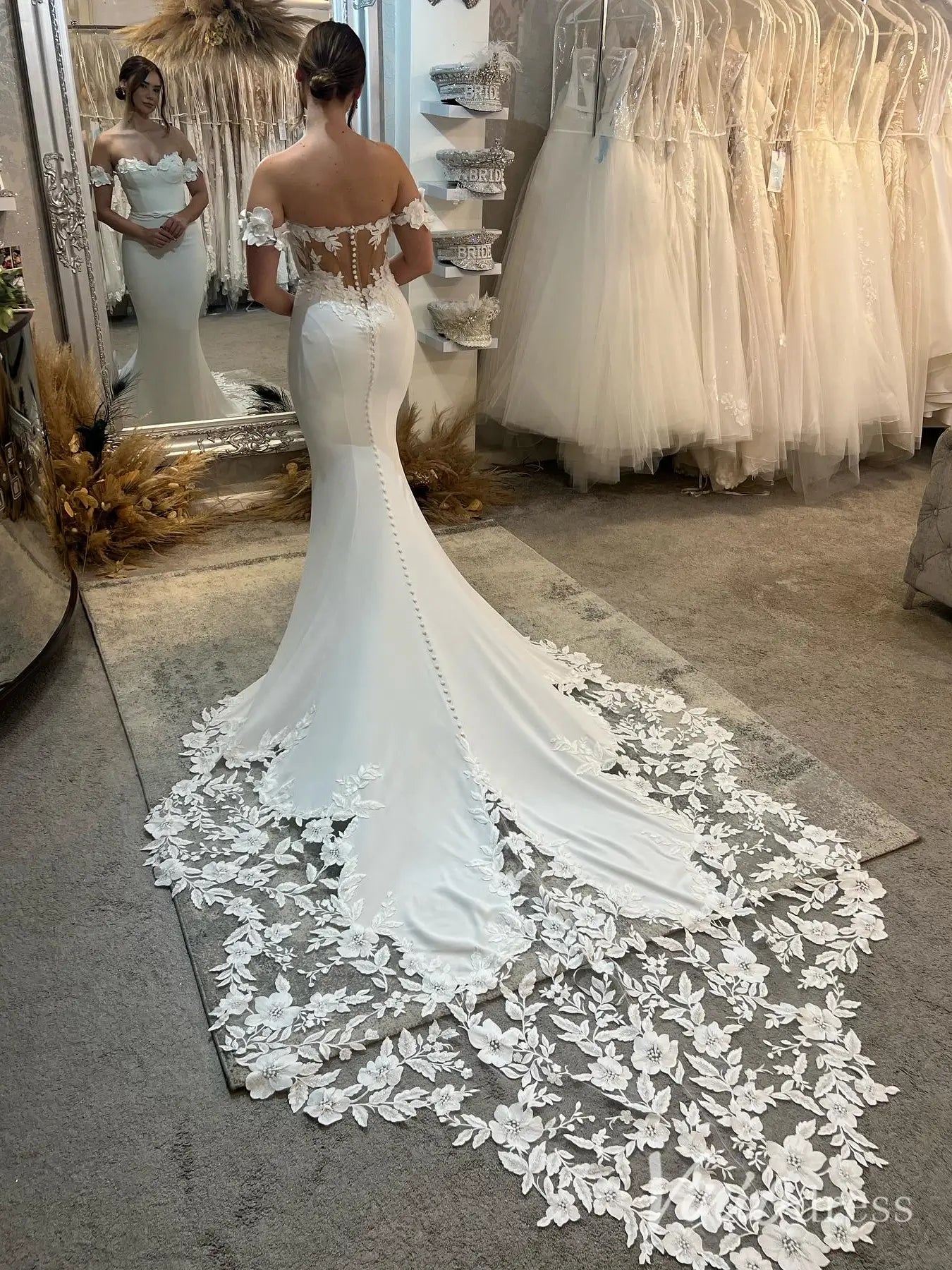 Off-Shoulder Crepe Mermaid Wedding Dress with Floral Train – ML117 – Viniodress