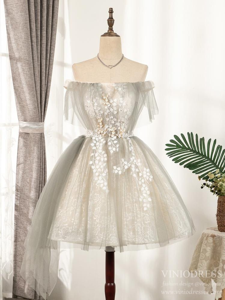 Off Shoulder Floral Lace Homecoming Dress SD1386 Viniodress-Homecoming Dresses 2025 -VINIODRESS-US2-Grey-