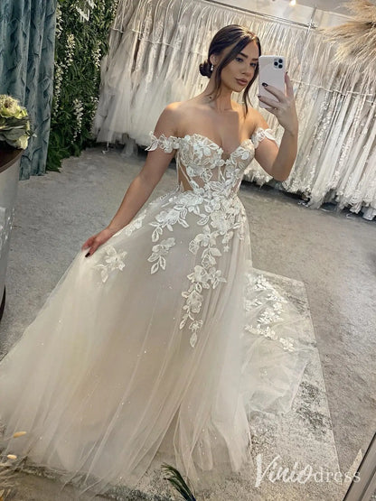 Off-Shoulder Floral Lace Wedding Dress with Sheer Corset Back, Chapel Train – LA107-wedding dresses 2025 -Viniodress-Ivory-Custom Size-