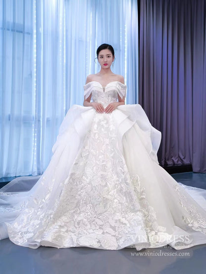 Off Shoulder Lace Applique Wedding Gown Dubai Wedding Dress 67344-wedding dresses 2025 -Viniodress-Ivory-Custom Size-