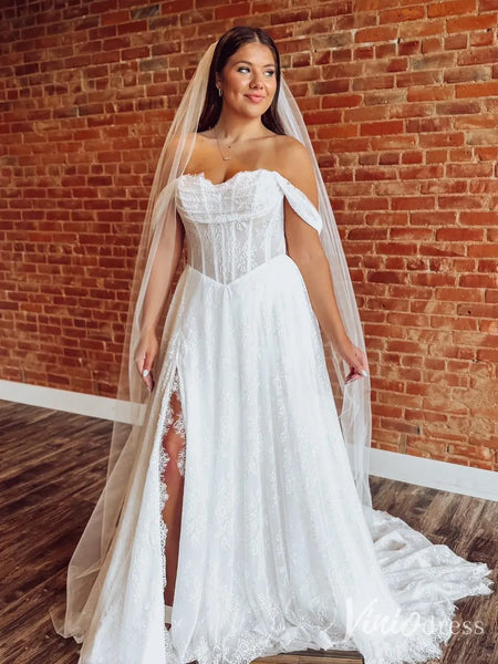 Romantic Off Shoulder Lace Wedding Dress with Slit and Basque Waist – Viniodress