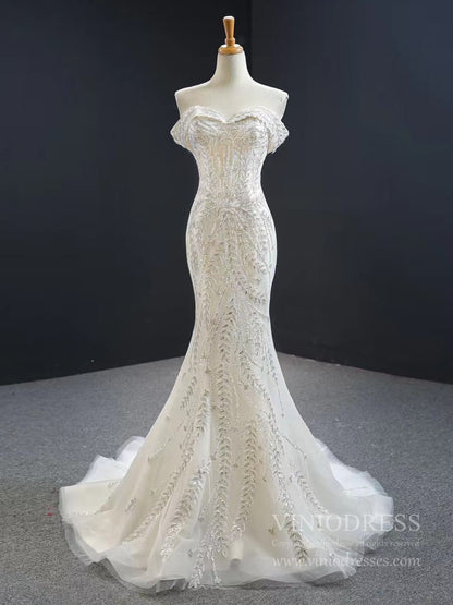 Off Shoulder Mermaid Wedding Dresses with Detachable Skirt 66945-wedding dresses 2025 -Viniodress-Ivory-Custom Size-