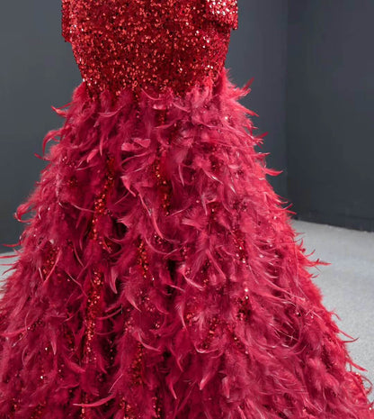 Off Shoulder Red Feather Prom Dresses Long Sleeve Sequin Dress FD2413 viniodress-Evening Dresses 2025 -Viniodress-Red-Custom Size-