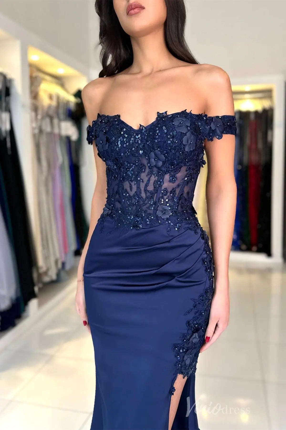 Off-Shoulder Satin Mermaid Prom Dress with 3D Floral Appliqué, Sheer Corset Bodice and High Slit – SS012-prom dresses 2025 -Viniodress-Teal-Custom Size-