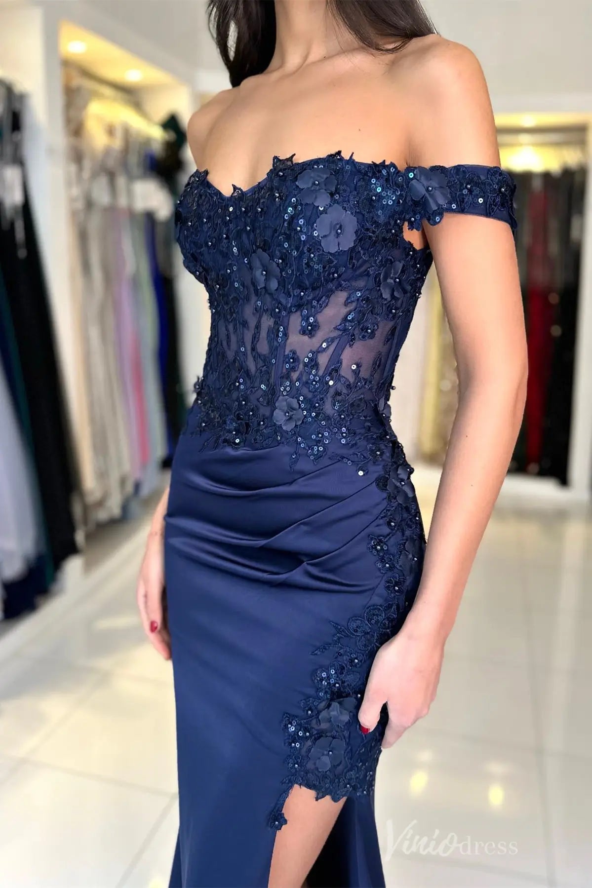 Off-Shoulder Satin Mermaid Prom Dress with 3D Floral Appliqué, Sheer Corset Bodice and High Slit – SS012-prom dresses 2025 -Viniodress-Teal-Custom Size-