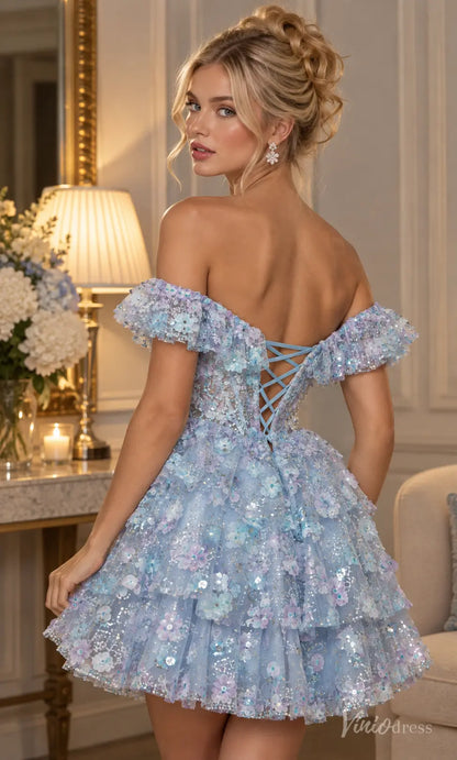 Light blue off-the-shoulder homecoming dress with 3D floral appliqués, shimmering sequins, and a lace-up corset back.