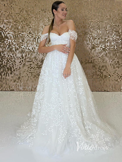 Off the Shoulder Bell Orchid Lace Wedding Dresses VW2113-wedding dresses 2025 -Viniodress-Ivory-Custom Size-