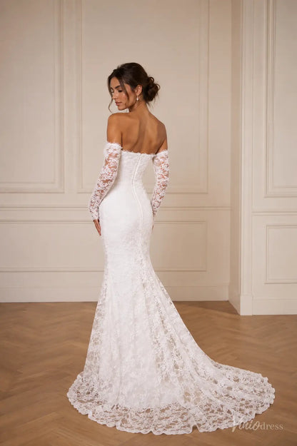 Off-the-shoulder white lace mermaid wedding dress with long illusion sleeves and a scalloped chapel train.