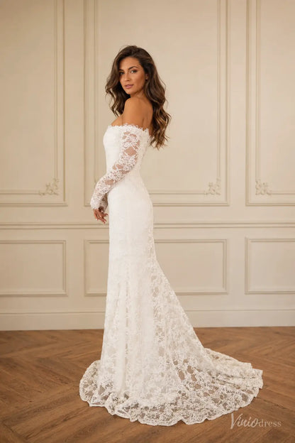 Off-the-shoulder white lace mermaid wedding dress with long sleeves and a scalloped chapel train.