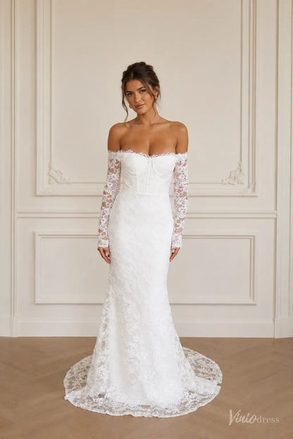 Off the Shoulder Boho Lace Mermaid Wedding Dress with Long Sleeves MC0 – Viniodress