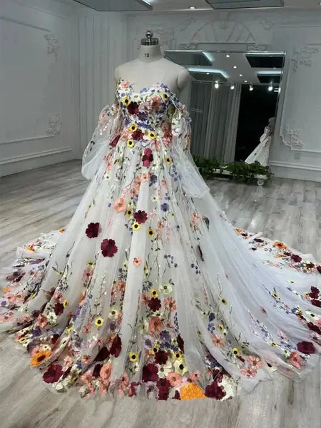 Off-the-Shoulder Colorful Wedding Dress | Sweetheart Neck A-Line Gown with Removable Bishop Sleeves FW237-wedding dresses 2025 -Viniodress-Ivory-Custom Size-