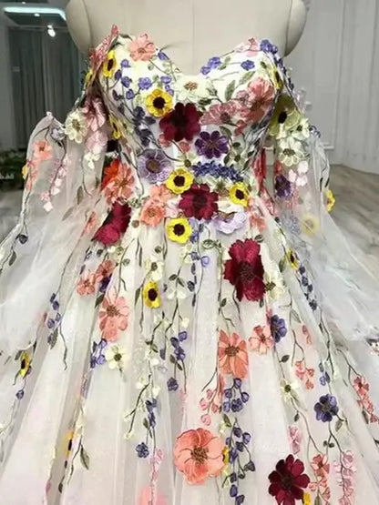 Off-the-Shoulder Colorful Wedding Dress | Sweetheart Neck A-Line Gown with Removable Bishop Sleeves FW237-wedding dresses 2025 -Viniodress-Ivory-Custom Size-