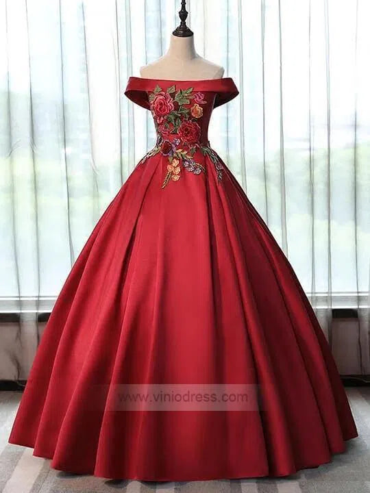 Off the Shoulder Cute Quinceanera Dresses Floral Ball Gowns FD1023-prom dresses-Viniodress-Rose Red-Custom Size-Viniodress